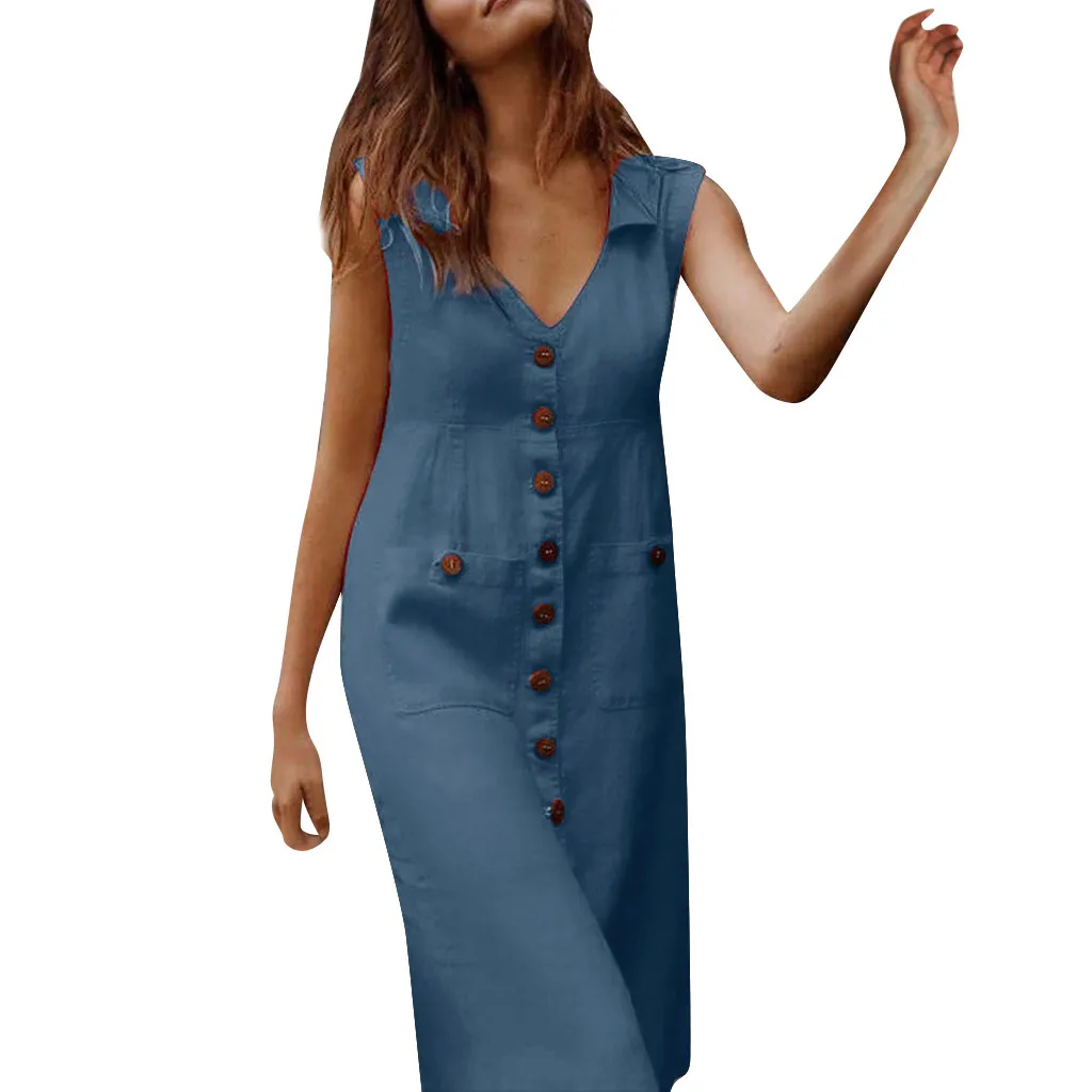 JAYCOSIN одежда Платье женское летнее платье повседневное однотонное с пуговицами без рукавов полиэфирное платье средней длины - Цвет: Blue