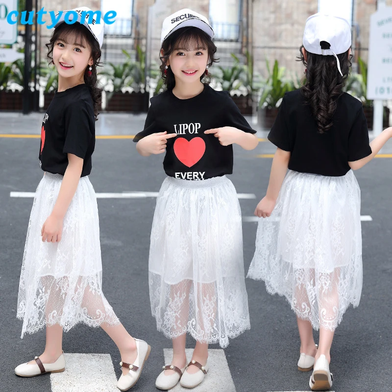

3-14Yrs Cutyome 2018 Kids Girl Clothing Sets Fashion Letters Short Sleeve T Shirts+ Elastic Waist Lace Skirt Teenage Clothes Set