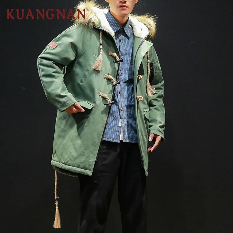 

KUANGNAN Fur Winter Jacket Men Clothes Horn Button Parka Winter Jackets Mens Overcoat 2018 Long Coat Mens Winter Parkas 5XL