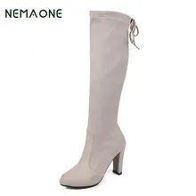 NEMAONE/ г.; пикантные женские сапоги до бедра; бархатная зимняя обувь; ботфорты на шнуровке; женские сапоги на высоком толстом каблуке