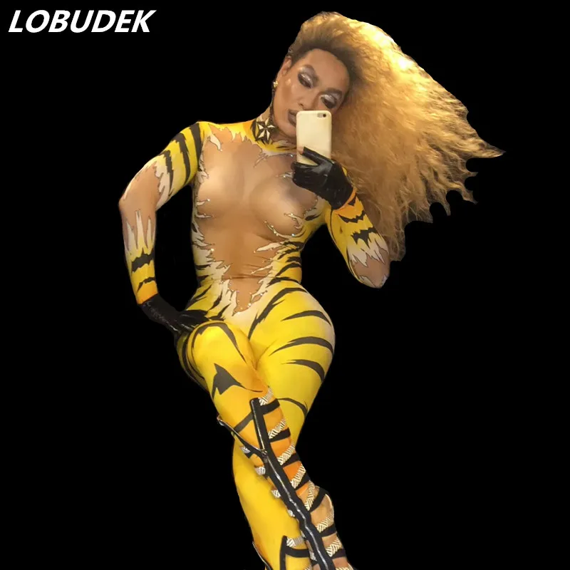 

Tiger-printing yellow jumpsuit Bar Female Dancer stage Role performance clothes Leotard Elastic Rompers Club Pole dance costumes