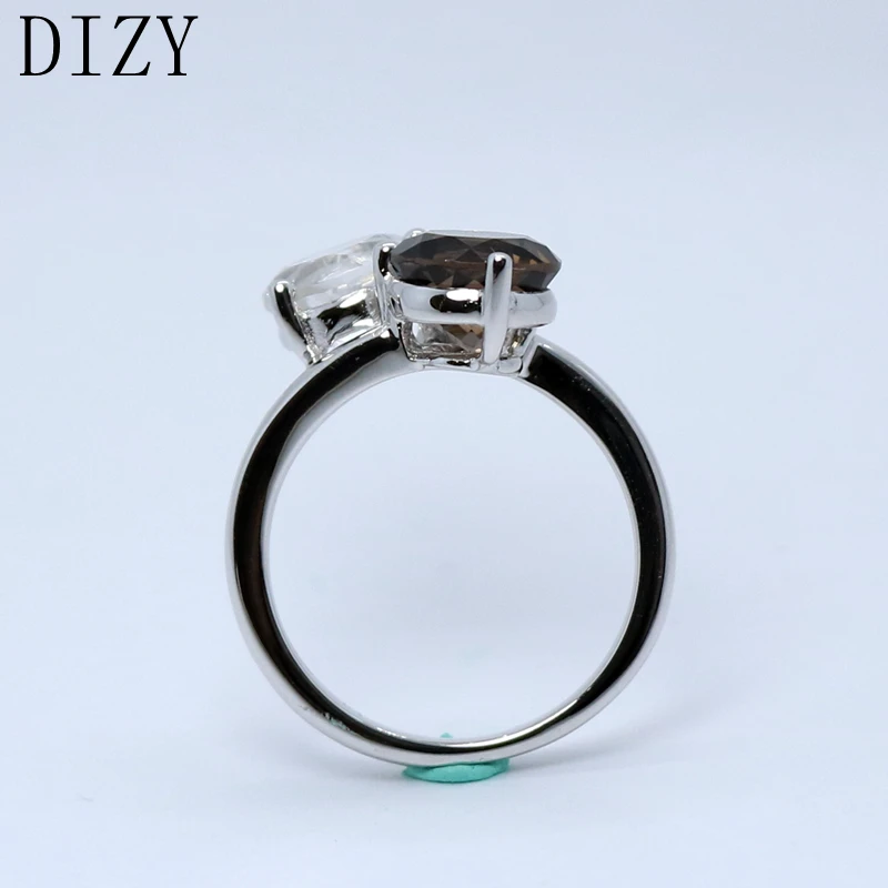 DIZY 2 Stones Ring Smoky Quartz and Rock Crystal Round 8.0mm 925 Sterling Silver Gemstone Ring for Girl Gift Engagement Jewelry