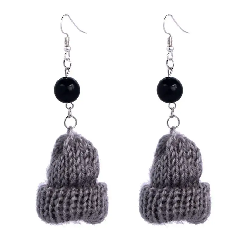 

Funny Winter Mini Gray Small Wool Hat Fashion black Pearl Short Dangle Earrings Cute Knitted Cap Earrings