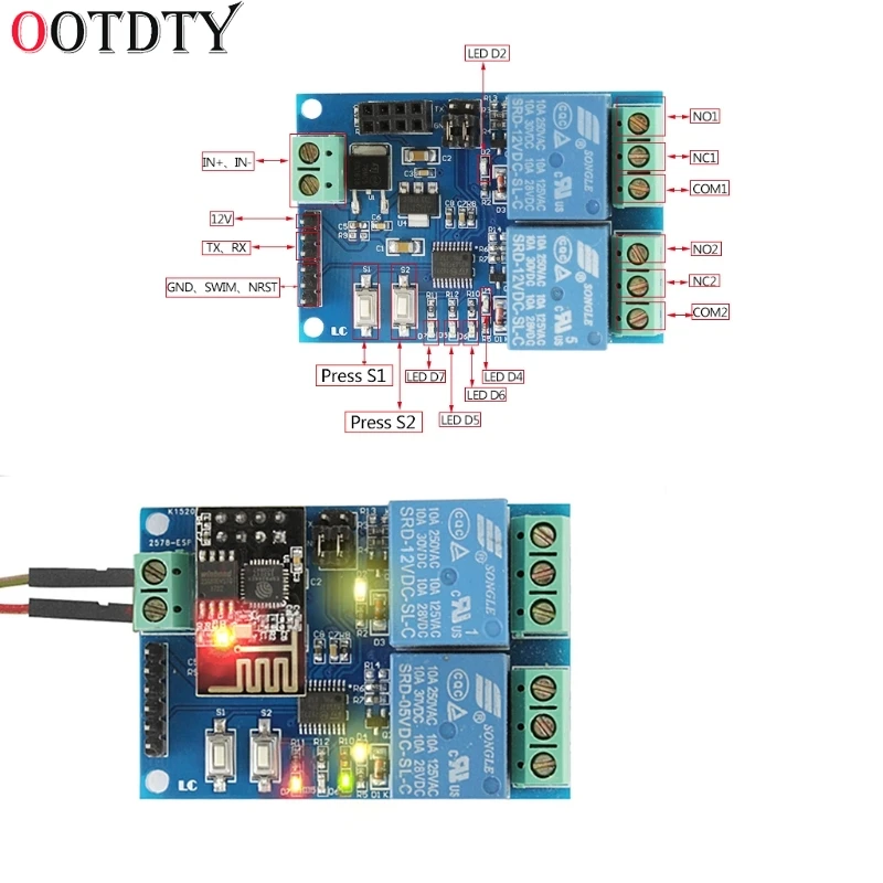 OOTDTY WI-FI триггерный релейный модуль ESP8266 IOT приложение контроллер 2-х канальный для умного дома 12V