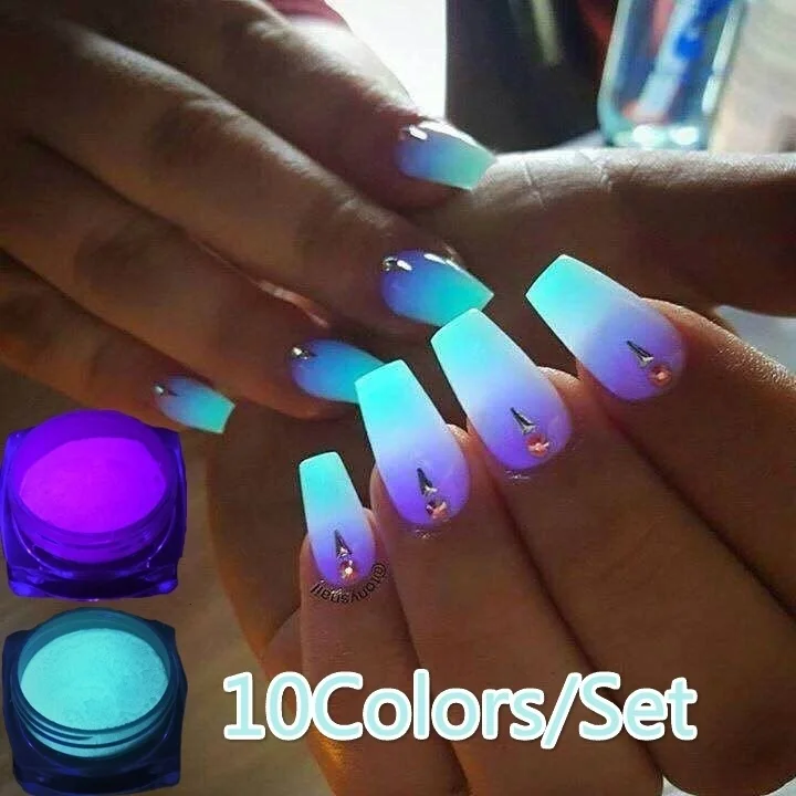 10 цветов/набор неоновых цветов, яркий лак для ногтей, пудра светится в темноте, пылкая фосфоресцирующая флуоресцентная пудра для дизайна ногтей