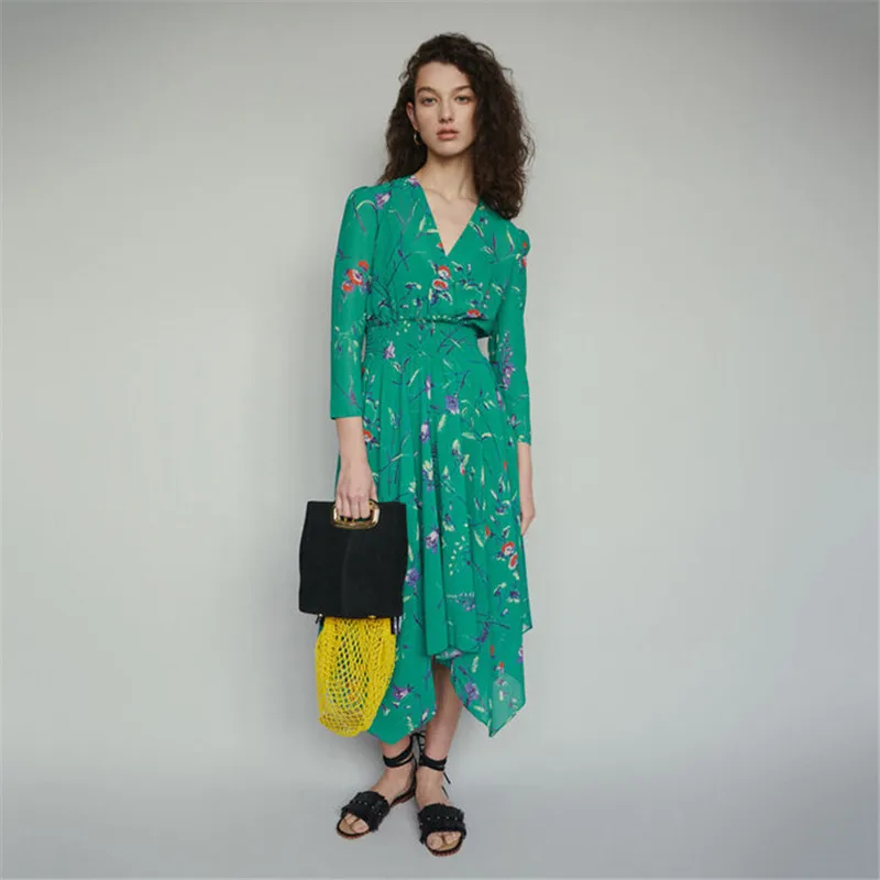 

2019 New Green Flower Print Bohemian Dress Irregular Slim Sweet Long Dress