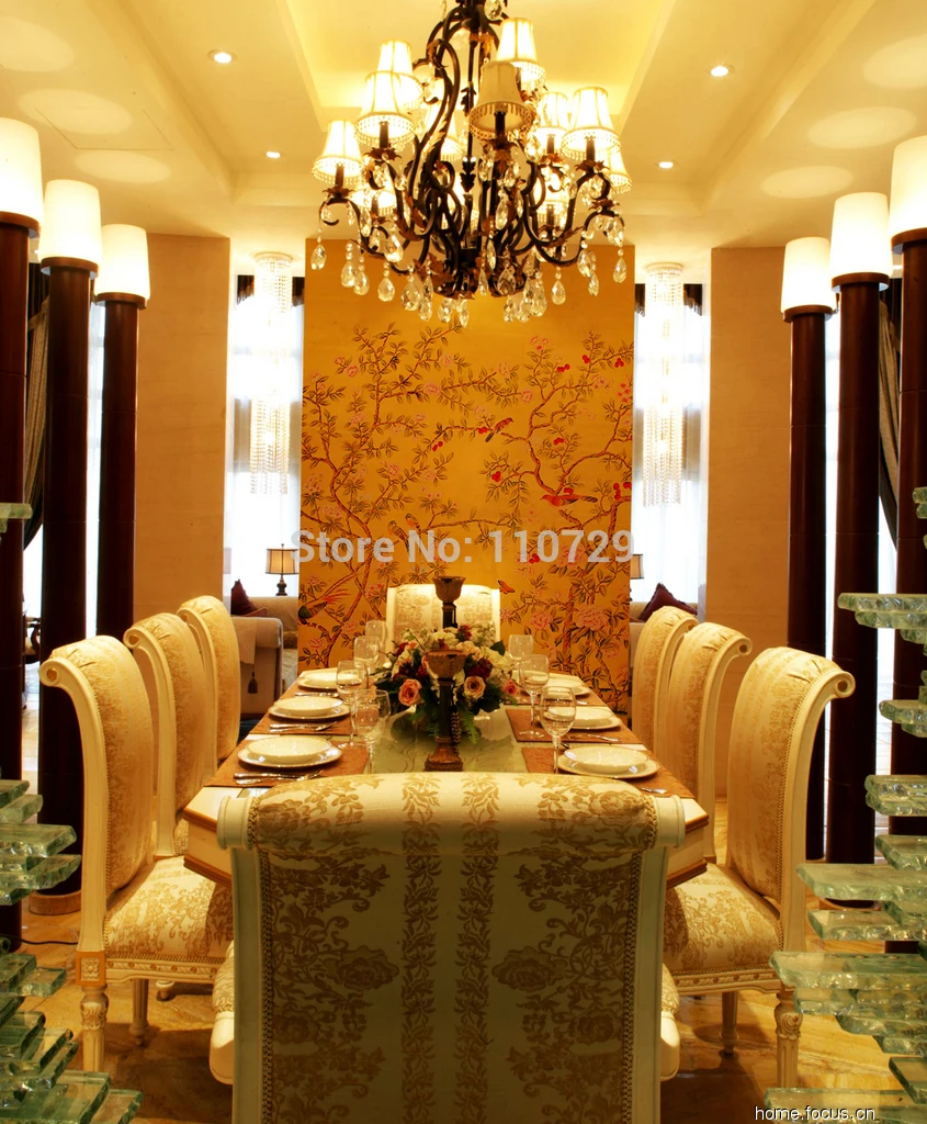 Europe style Hand painted silk wallpaper painting flower with birds