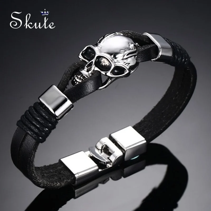 Skute Fashion Men Skull Design Genuine Leather Bracelets Rock Punk Stainless Steel Bracelet Bangles for Hip Hop Jewelry Gift | Украшения и