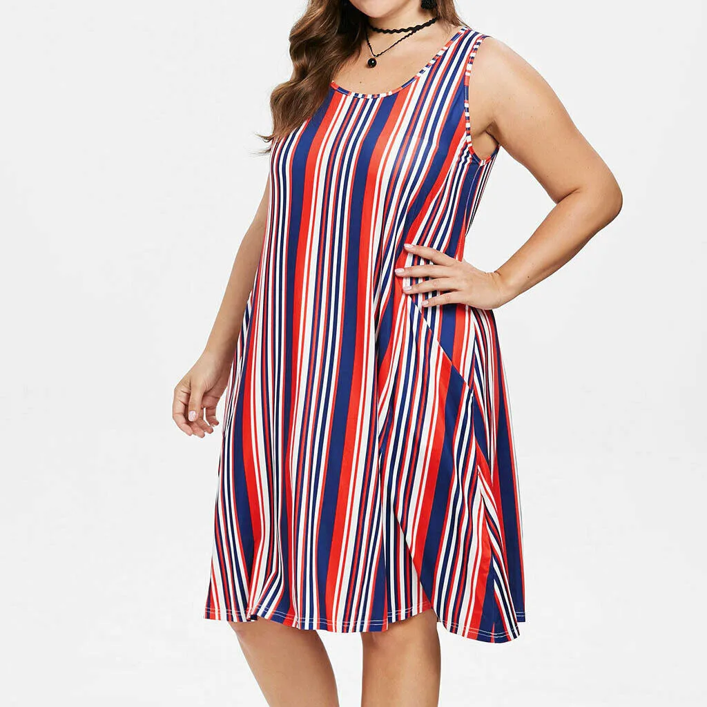 

2019 New Fashion Casual Large Size Striped Round Neck Pocket Loose Dress Casual Comfort Summer Dresses Casual Women Dresses