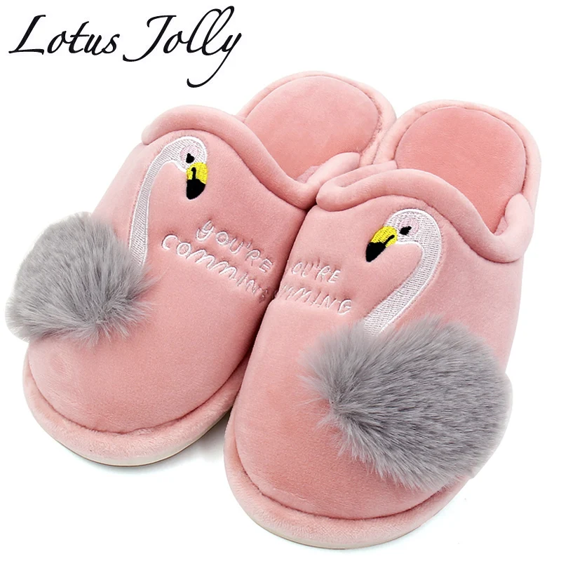 

Women House Slippers Cartoon Birds Flamingo Winter Warm Fur Slippers Indoor Outdoor Plush Shoes Women Couple Zapatillas Mujer