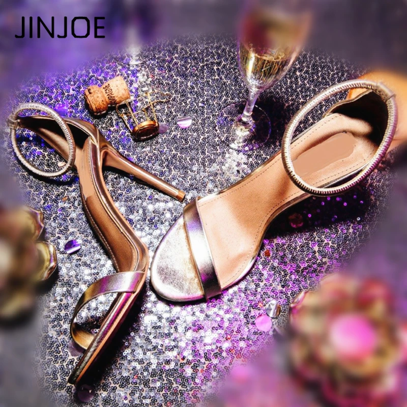 

JINJOE Champagne Stiletto High Heels Women Sandals Dress Wedding Shoes Ladies Open Toe Summer Ankle Strap High Shoe Concise pump