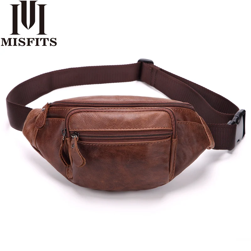 

Misfits New Genuine Leather Men Waist Packs Travel Waist Bag Male Fanny Pack Belt Bag Phone Pouch Bags Cow Leather Pouch