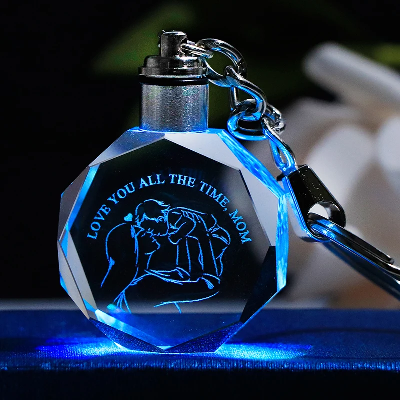 

Crystal Key Chain for Mom Glass Key Ring Laser Engraved Colorful LED Key Pendant Gifts Souvenirs Keychian for Mother