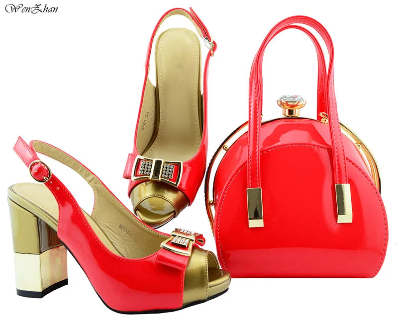 

Italian Shoes With Matching Bags Bow tie decoration Nigeria Wedding Shoes And Bag To Match 10.5cm Coral Leather 38-42 B87-13