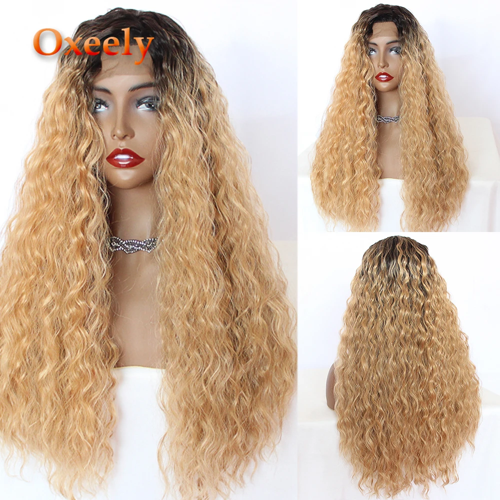 

Oxeely Loose Curly Red/Blonde Lace Front Wig Curly Hair Ombre Red Synthetic Lace Front Wig Glueless #27 Long Hair Heat Resistant