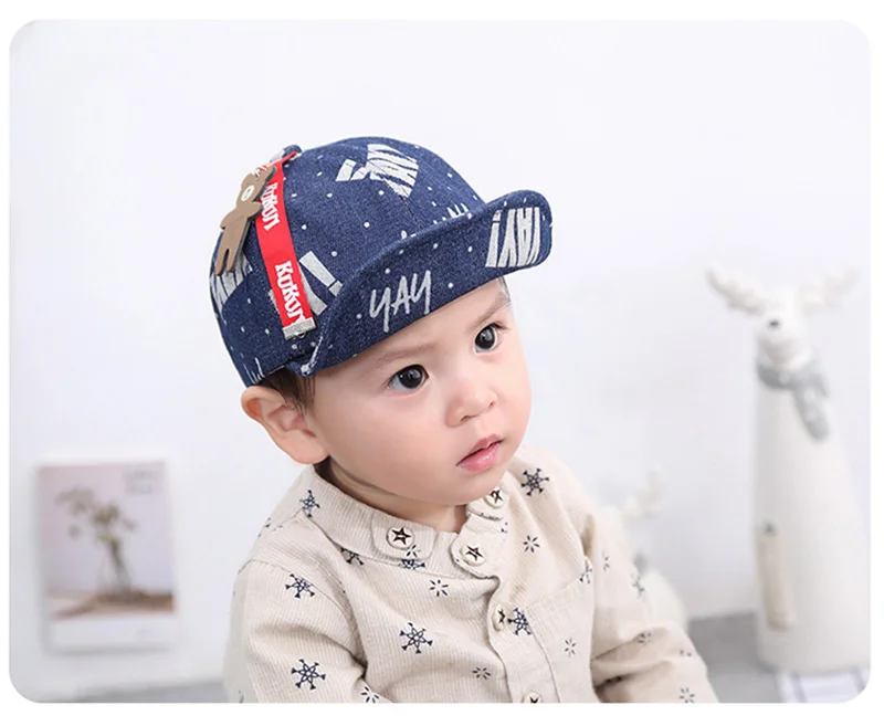Fashion Denim Baby Caps Letter Cowboy Boys Caps Retro Print Toddler Hat With Bear Spring Summer Soft Baby Hat Baby Boys Clothing (4)