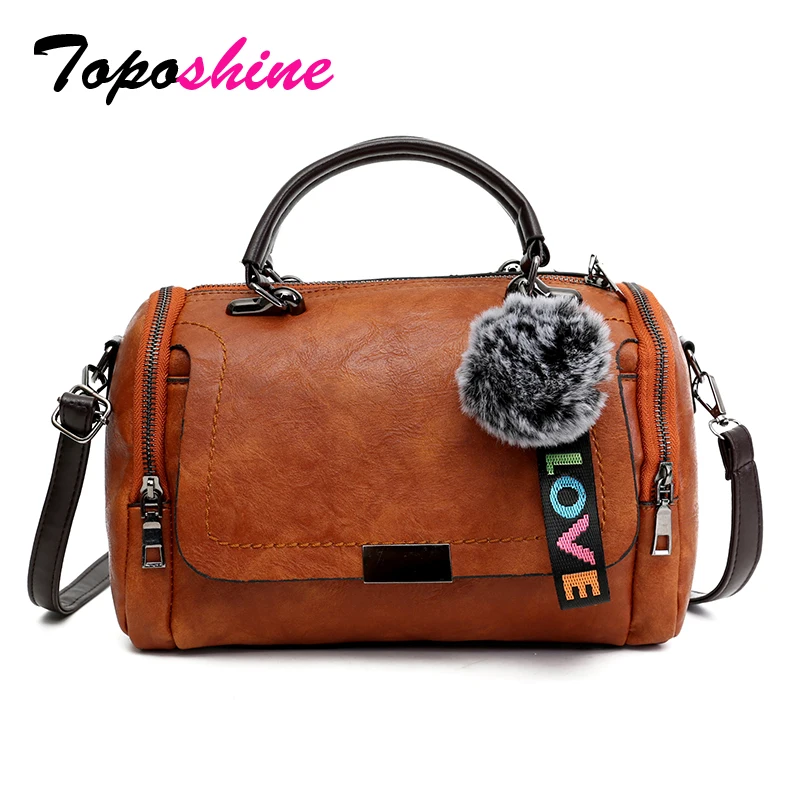 

Toposhine New Large Capacity Barrel Shaped Women Handbag Cute Love Pompom Casual Lady Shoulder Bag Solid PU Leather Female Bags