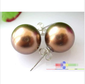 

00 d12MM ROUND COFFEE SOUTH SEA SHELL PEARL STUD EARRING 925SILVER p1397