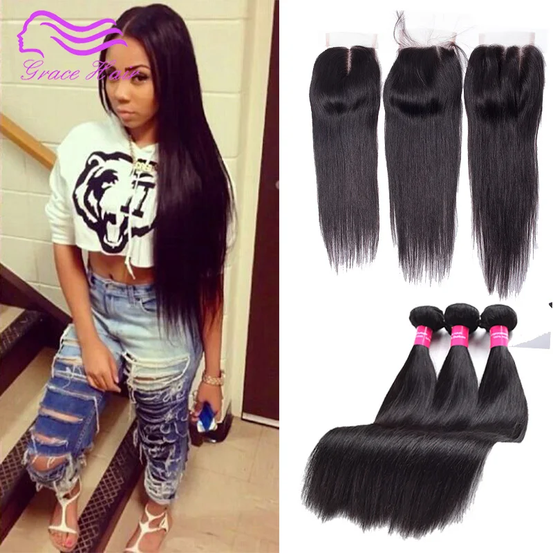 Cheap Halo Lady Hair Brazilian Straight With Closure Virgin 3 Bundles |