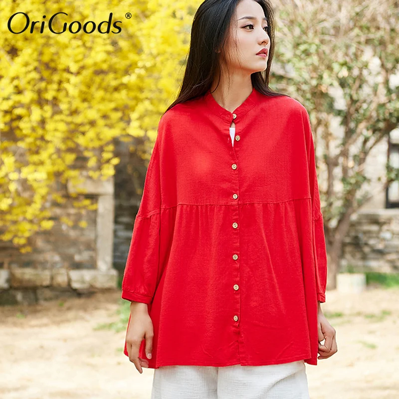 

OriGoods Oversized Shirt Women Linen Chinese style Plus size Summer Shirt Blouse Batwing 2019 New Shirt for Women Tops B257