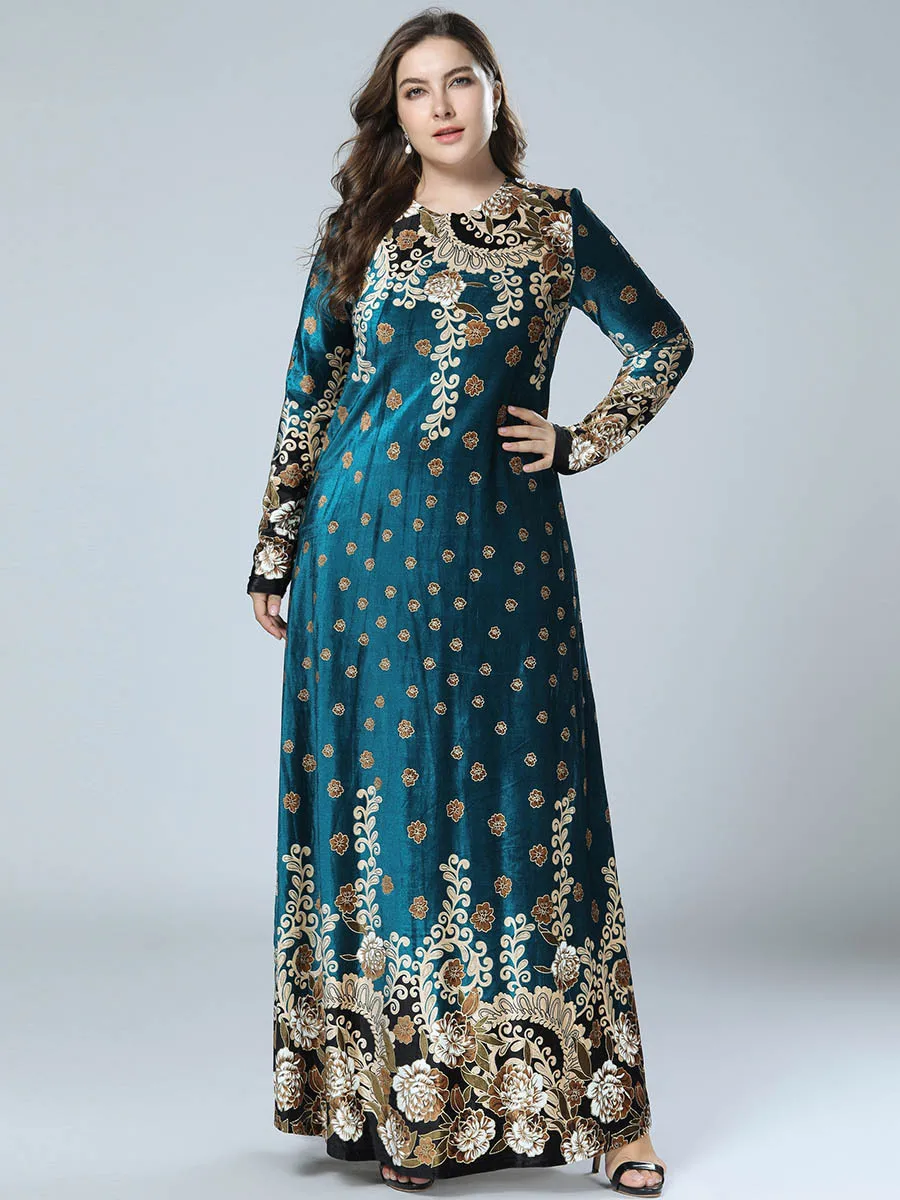 

Plus Size Women's Velvet Stamping High Quality Long Sleeve Fashion Dress