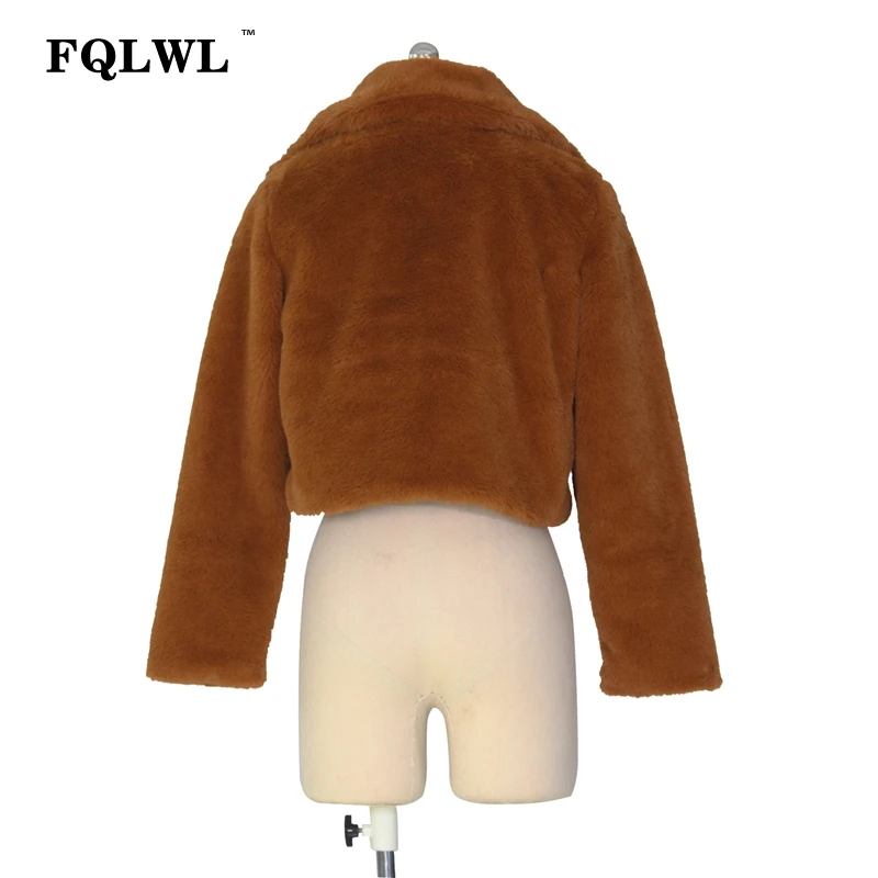 FQLWL Fluffy Faux Fur Coats Women Solid Furry Teddy Turn Down Collar Cropped Jacket Fur Female Overcoat Winter Warm Outerwear