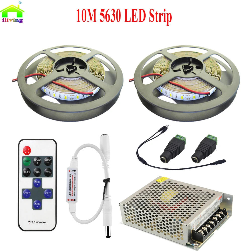 

10M 5630 5730 Warm White LED Strip IP20 5M Kit DC12V SMD Cool White Flexible Tiras Light Dimmer Remote Controller Power Supply