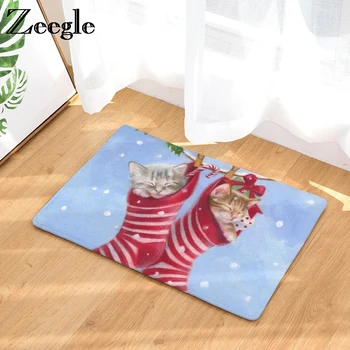 

Zeegl Christmas Dog Cat Printed Welcome Doormats Anti-slip Floor Mats Bathroom Carpets Absorbent Kitchen Area Rug