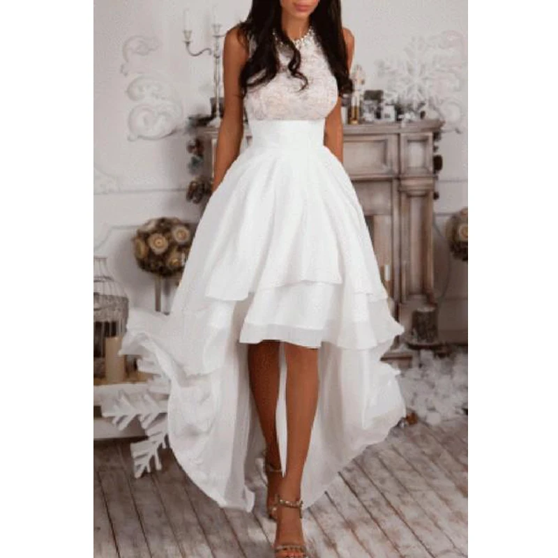 beach wedding renewal dresses Summer Beach High Low Wedding Dress Jewel Neck Sleeveless Lace Top Tieres Chiffon Skirt A Line - beach wedding renewal dresses