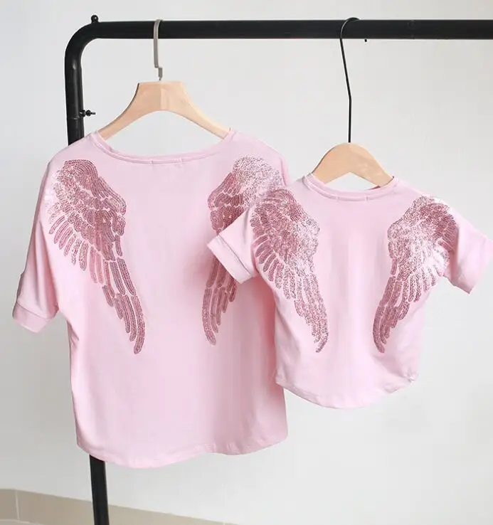 Одинаковые футболки с крыльями ангела для мамы и дочки; семейная одежда; Летняя Повседневная футболка с короткими рукавами; семейный образ