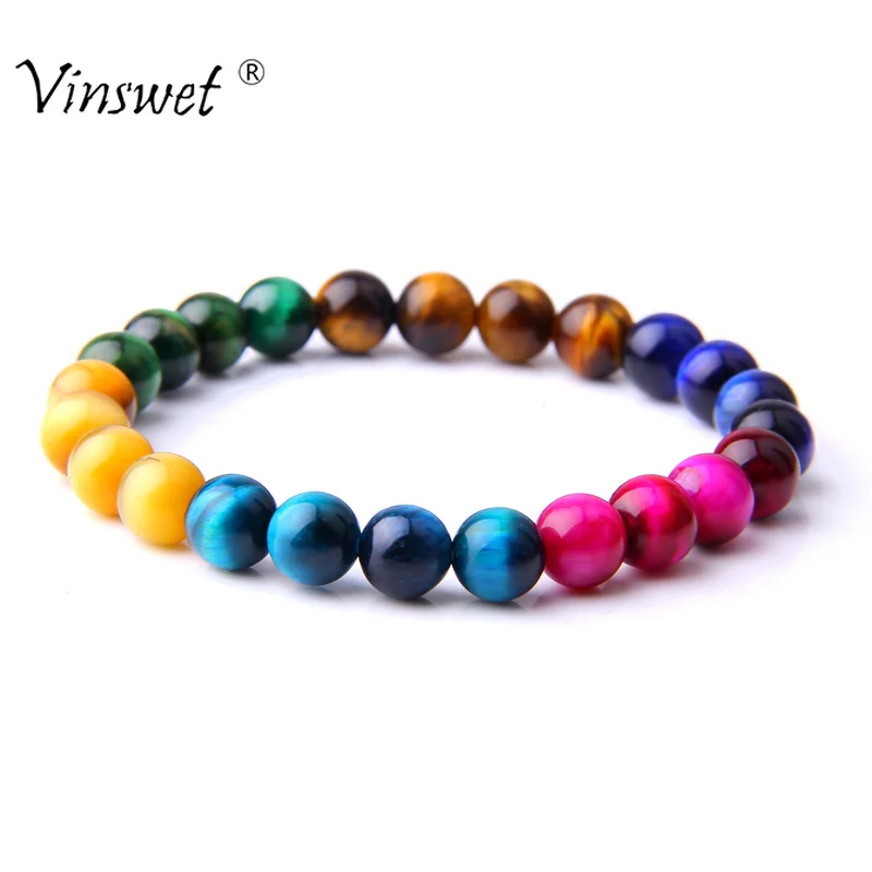 

High Quality Multicolor Tiger Eye Beads Bracelets Natural Stone Round Beads Elasticity Bracelets for Women Men Jewelry