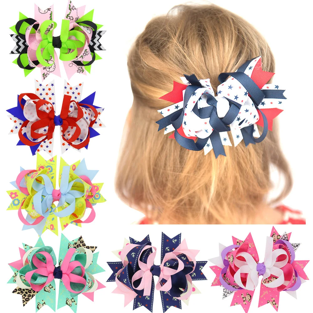 5 Inches Big Polka Dots Hair Bows Navy Blue Red Hairpin Stacked
