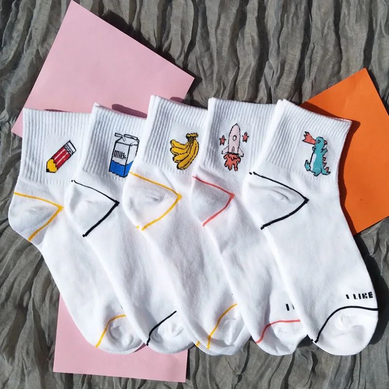 Модные женские носки Kawaii, молочный банан, карандаш динозавр, ракета, Мультяшные носки meias, новинка, белые милые хлопковые носки с буквенным принтом