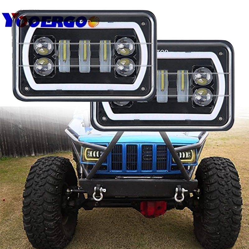 

YOOERGOO 4x6" Square White/Yellow Halo LED Headlight Reflector Sealed Beam Replacement With DRL for Jeep Trucks 4X4 Offroad 2Pcs