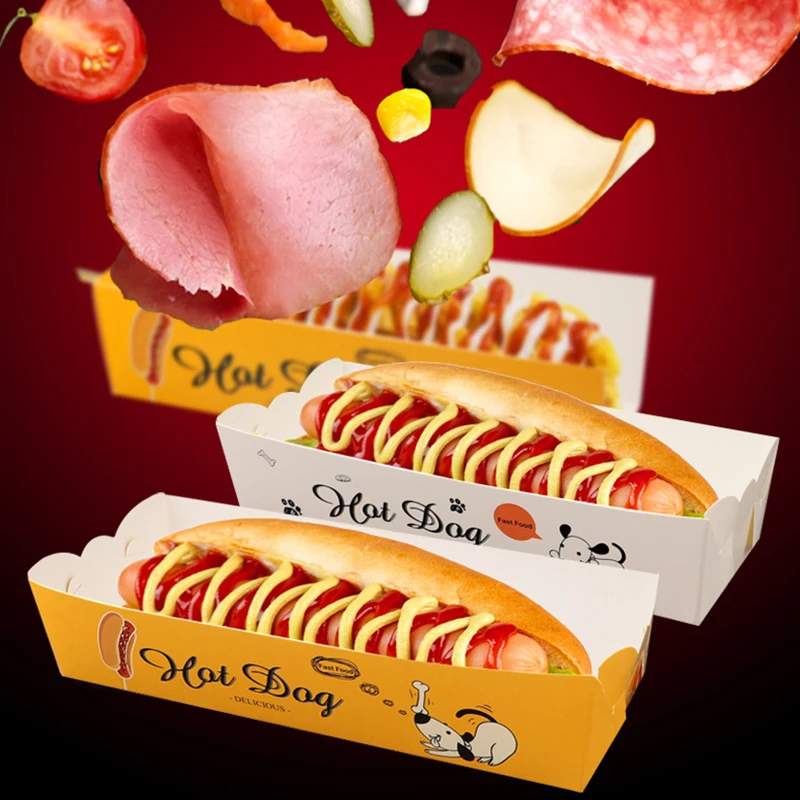 

Disposable Hotdog Paper Box Food Grade Cantoon Fried Food Tray White Cardboard Anti-Oil Packing Box Rectangle Package Tool 50pcs