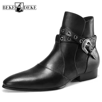 

2019 Runway Men Buckle Genuine Grain Leather Chelsea Boots Cowboy Style Pointed Toe Med Heel Ankle Boots Party Dress Shoe