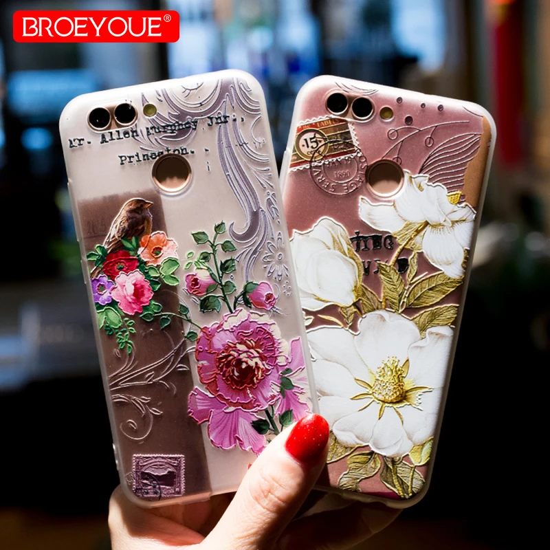

BROEYOUE 3D Relief Case For Huawei P8 P9 P10 P20 Lite 2016 2017 Nova 2 Plus Honor 9 6X Soft TPU Silicone Flowers Phone Cases