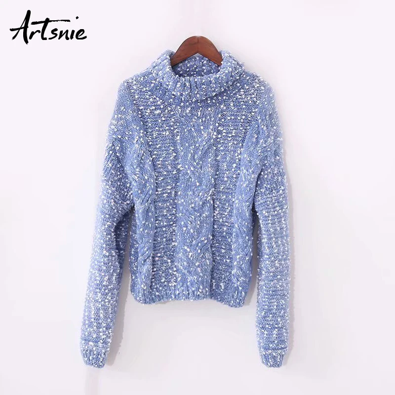 

Artsnie Blue Turtleneck Knitted Pullovers Women Long Sleeve Thick Winter Casual Sweaters Cotton Pull Femme Streetwear Jumper
