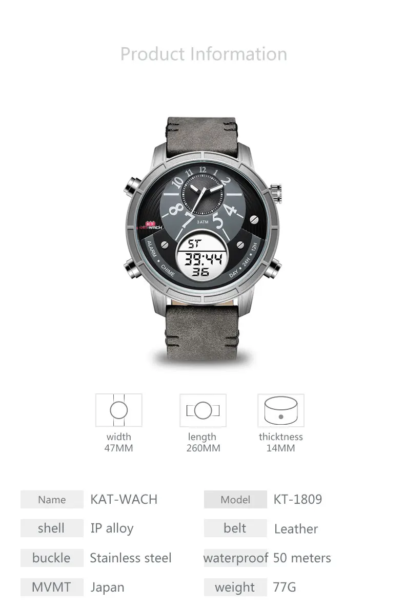 KAT-WACH, роскошные Брендовые мужские часы, кожаные, для бизнеса, спортивные, кварцевые часы, мужские, светодиодный, цифровые часы, водонепроницаемые, военные наручные часы