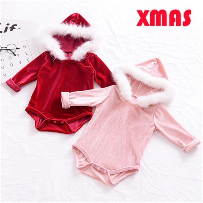 

0-24M Christmas Baby Girl Velvet Romper Infant Baby Girl Fleece Hooded Romper 2017 New Bebes Jumpsuit Xmas Body Suit For Newborn