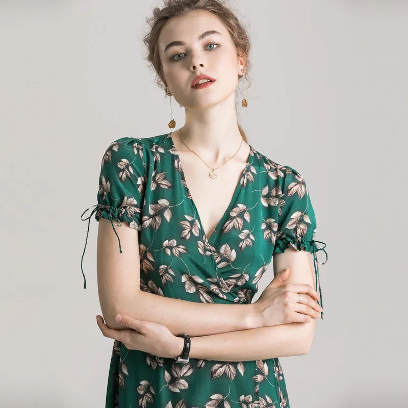 Summer Pure Silk Deep-V Dress 100% Mulberry Silk Women Sexy Print Dresses M L XL FREE SHIPPING