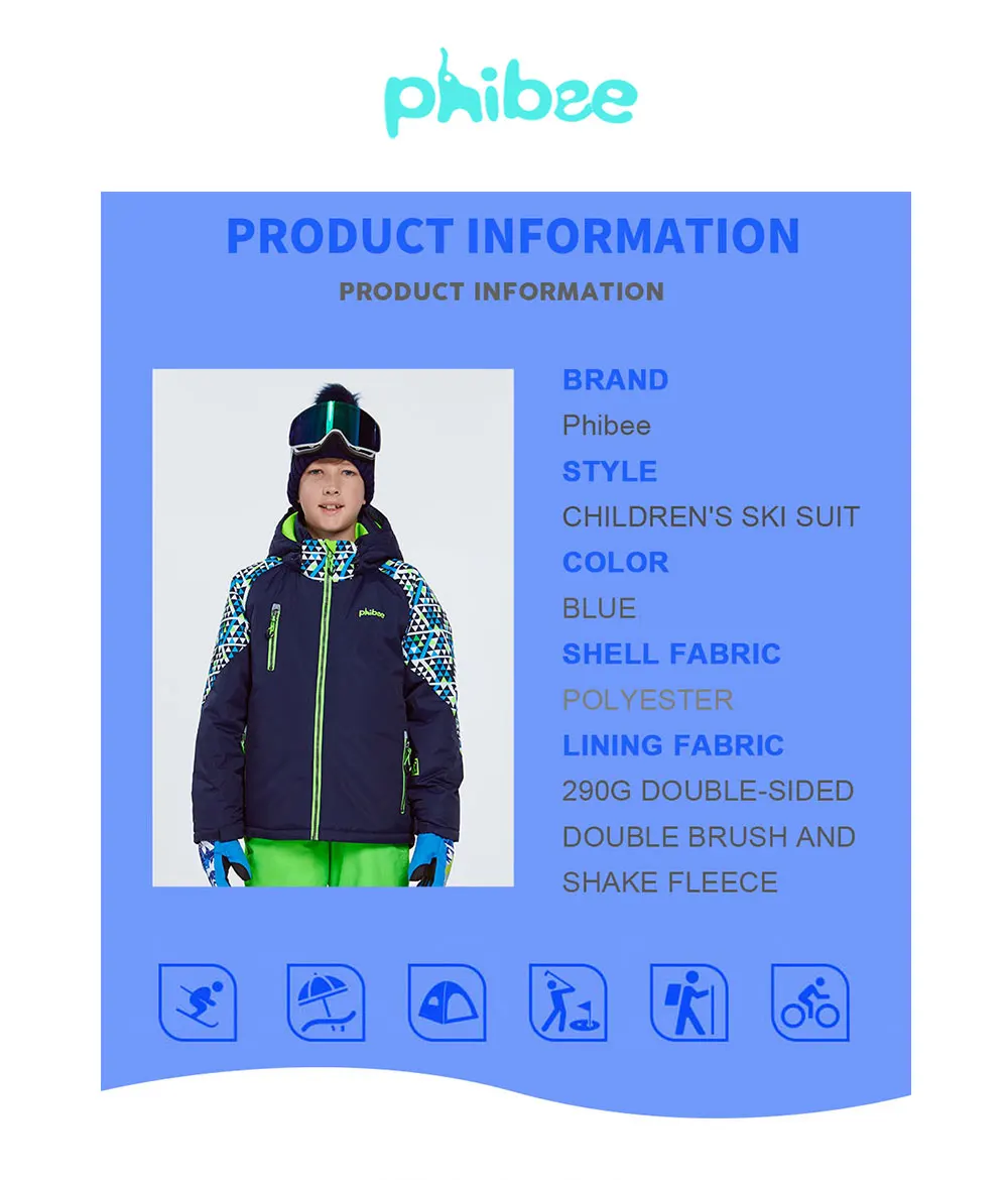 Phibee/зимний лыжный костюм для мальчиков; теплая водонепроницаемая ветрозащитная одежда для сноуборда; зимняя куртка; детская одежда; одежда для детей