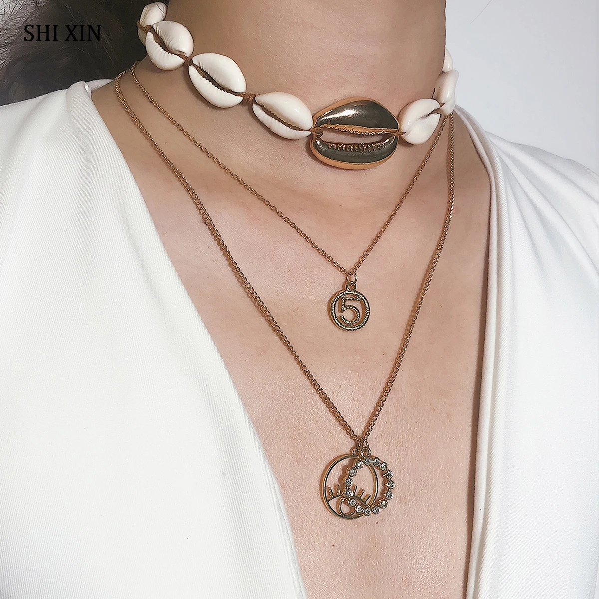 

SHIXIN Sea Shell Choker Necklace Women Separable Layered Crystal Eye Pendant Necklces Seashell Summer Jewelry Lady Accessories