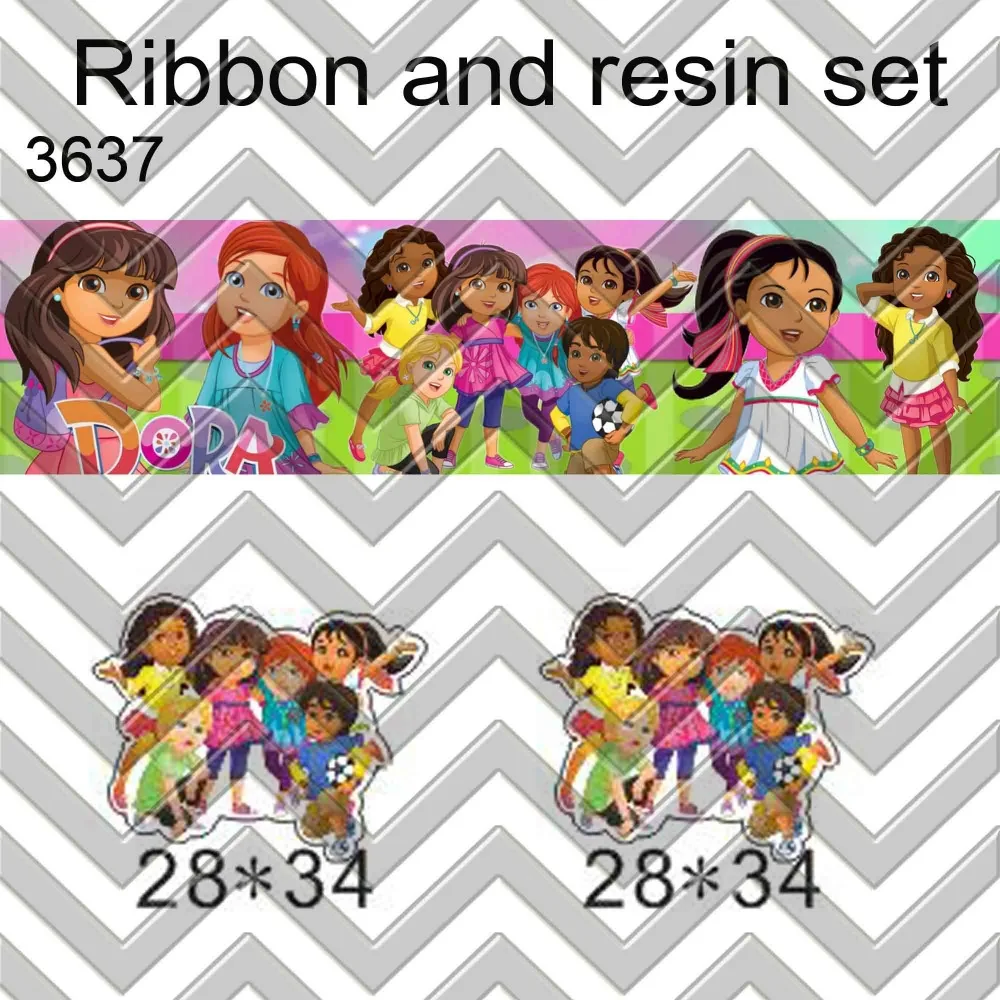 

7/8inch 100yard ribbon and 100pcs resin 1 set printed cartoon printed ribbon and resin RTS3637