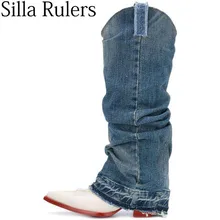 Ковбойские сапоги Вестерн для подиума женские сапоги до колена с острым носком на не сужающемся книзу массивном каблуке; модные женские сапоги без застежки; botas feminina