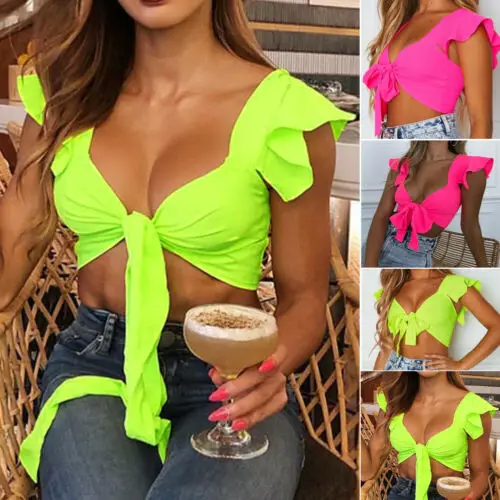 

Women Sexy Solid Bandage Sleeveless Blouse Button Tank Vest Casual Short Crop Tops Shirt