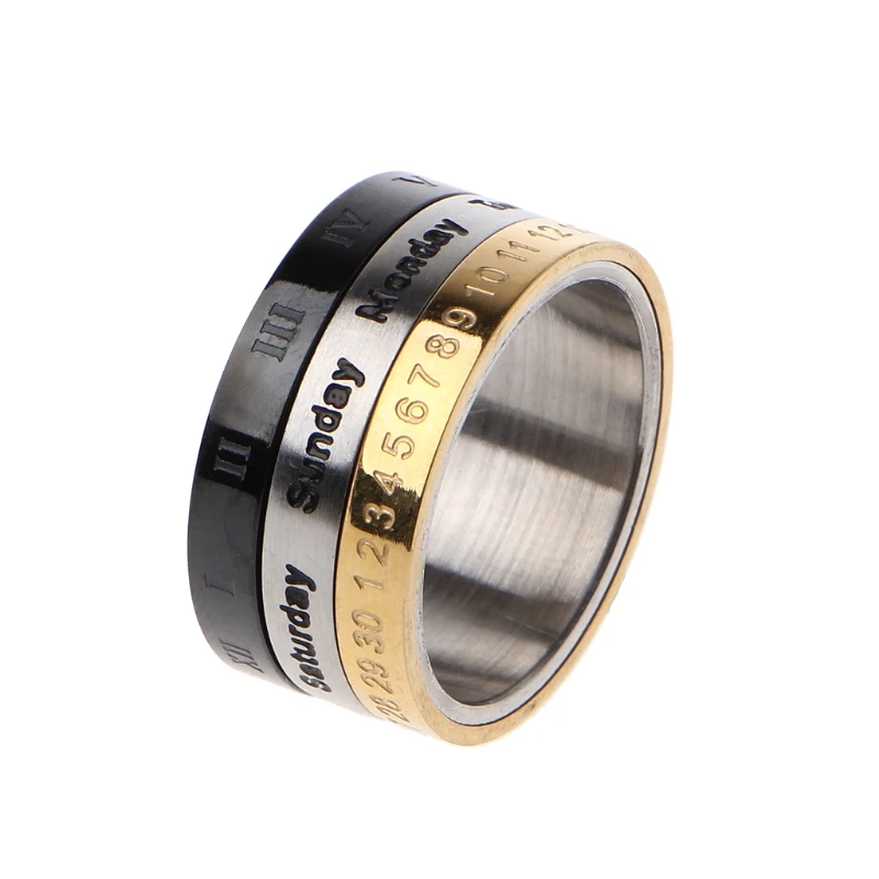 

JAVRICK Rotatable Calendar Roman Numerals Time Design Band Stainless Steel Spinner Rings Exquisite Knuckle Rings
