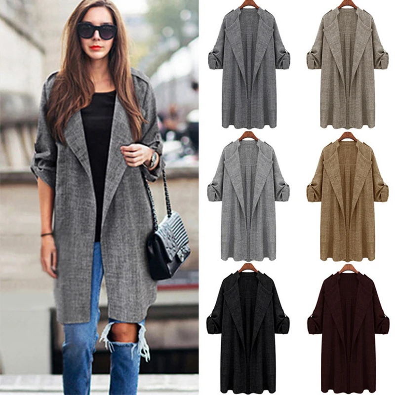 Fashion Womens Autumn Lapel Trench Coat New Arrived Elegant Casual Open Stitch Loose Plus XL-5XL Outerwear Overcoat