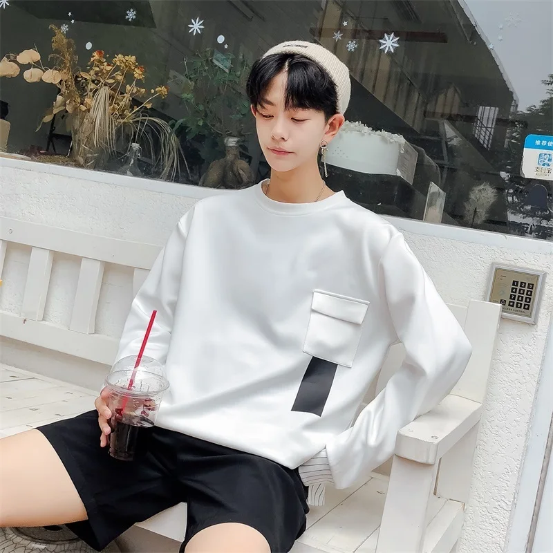 

Fashion Casual Men's Hoodie Spring And Autumn New M-3XL No Cap Solid Color Loose Pullover Black White Personality Youth Popular