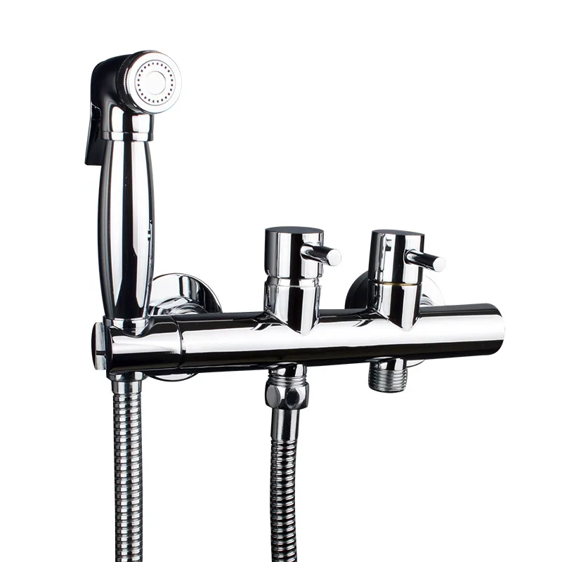 

Double Outlet Exempt From Drilling Hot and Cold Bidet Bathroom Shower Toilet Jet Cleaner Spray Wall Mount Faucet